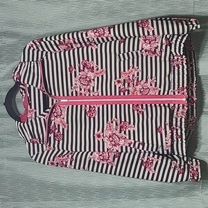 Chico's ZENERGY pink Floral‎ black white stripes zip up jacket pockets small